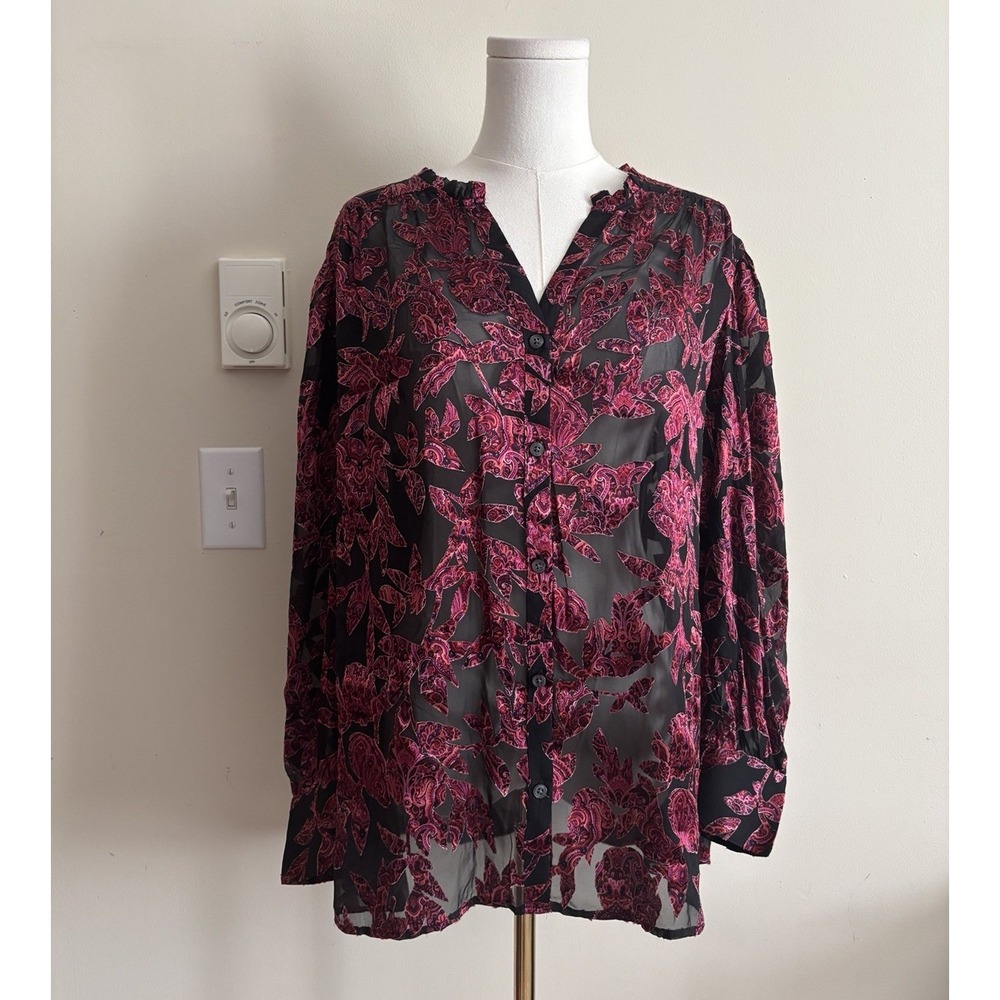 J Jill Womens XL Button Up Collarless Top Sheer Floral Black Red Whimsigoth